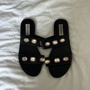 Black double strap flat sandals with Jewels
